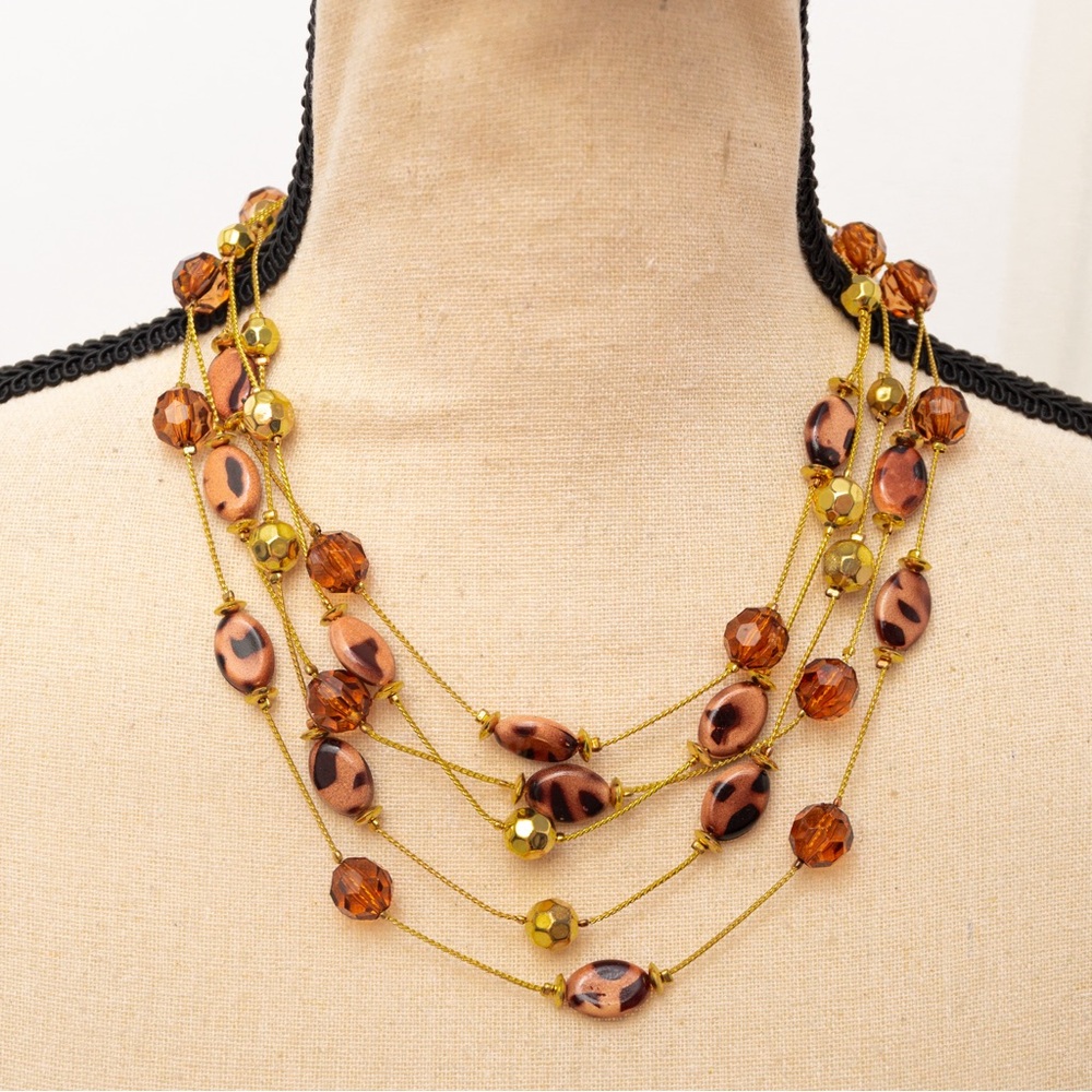 Layered look leopard print beaded choker necklace tan & gold Mixit